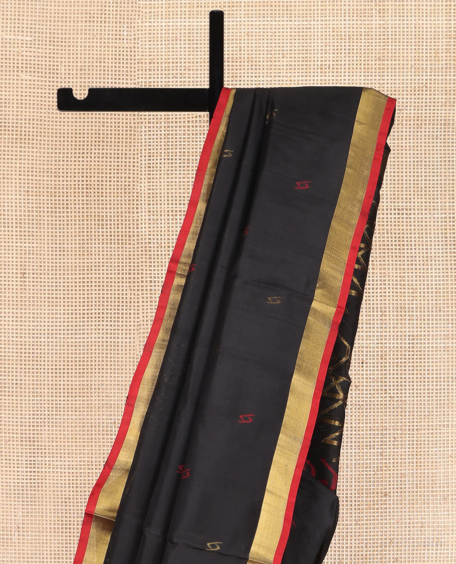 Black Uppada Silk Saree, Adorned with Buttas All Over Its Body, Complemented by a Contrast Bavanji Border, Pallu of Unique Designs, and Paired with a Matching Blouse