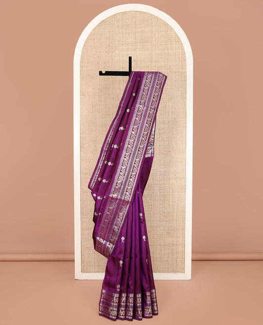 Purple Venkatagiri Silk Saree, Decorated with Zari Buttas on Its Body, Highlighted by a Traditional Zari Border of Floral-Sparrow Designs, Pallu Steeped with Traditional Designs, and Paired with a Matching Blouse
