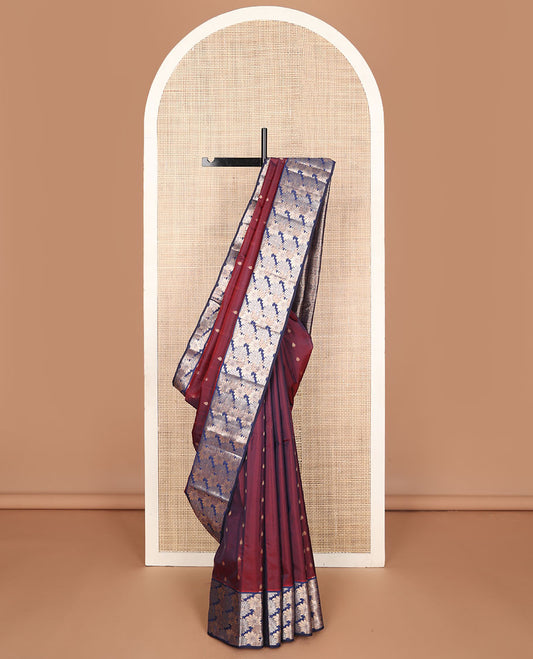 Maroon vasundhara elite silk saree with zari buttas, contrast floral zari design border & pallu of vanki & chakram designs