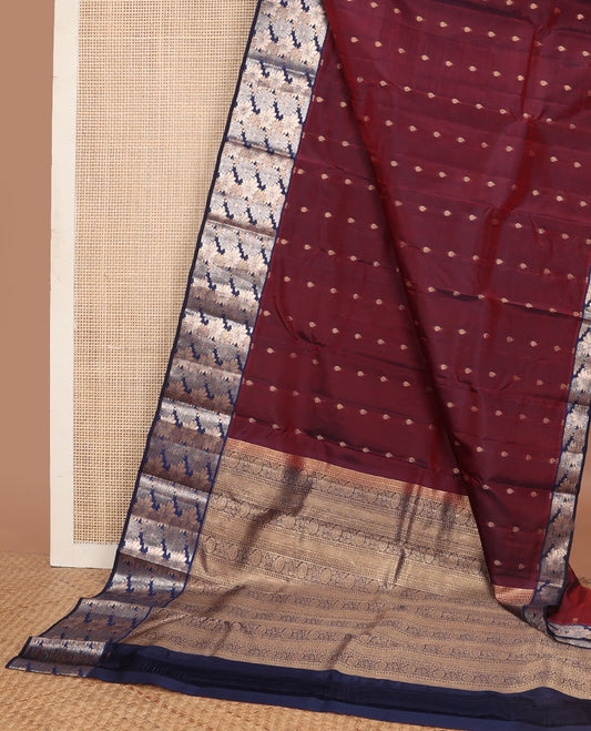 Maroon vasundhara elite silk saree with zari buttas, contrast floral zari design border & pallu of vanki & chakram designs