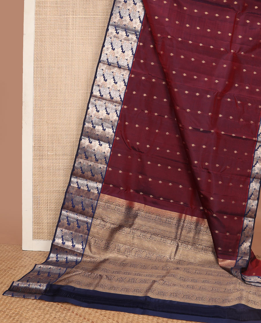 Maroon vasundhara elite silk saree with zari buttas, contrast floral zari design border & pallu of vanki & chakram designs