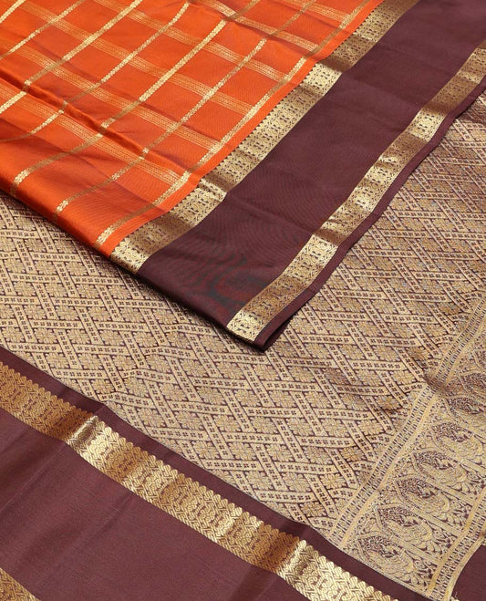 Orange zari checked Vasundhara silk mix saree, contrast rettai pettu traditional zari design border & jaal pallu
