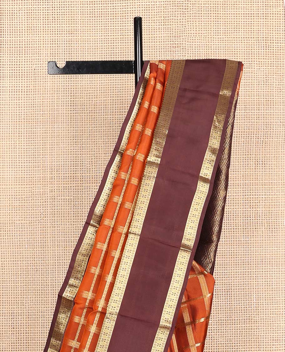 Orange zari checked Vasundhara silk mix saree, contrast rettai pettu traditional zari design border & jaal pallu