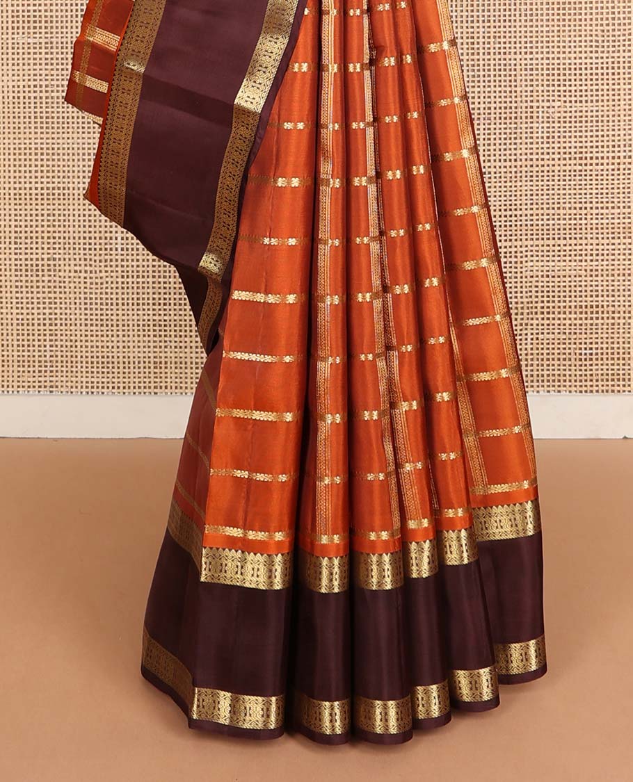 Orange zari checked Vasundhara silk mix saree, contrast rettai pettu traditional zari design border & jaal pallu