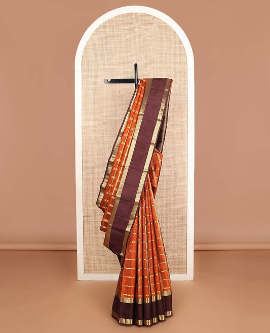 Orange zari checked Vasundhara silk mix saree, contrast rettai pettu traditional zari design border & jaal pallu