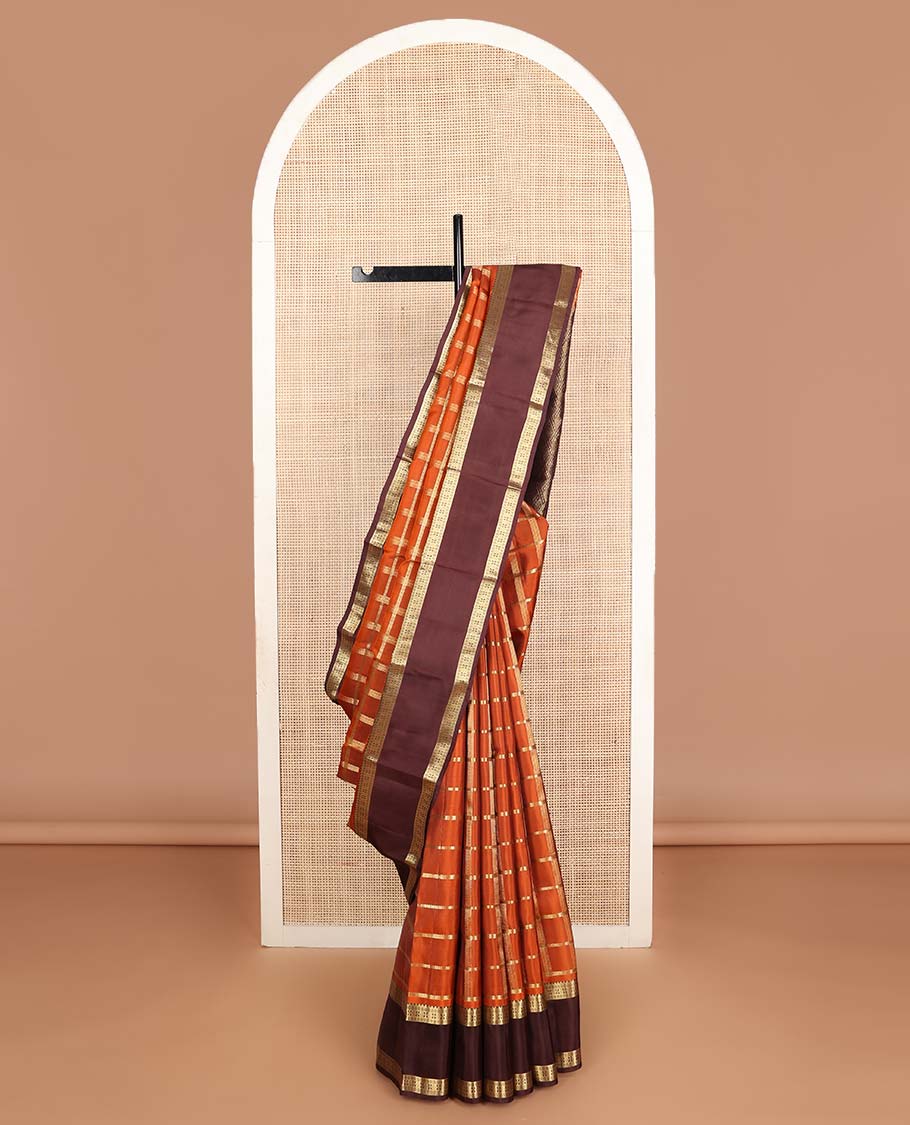 Orange zari checked Vasundhara silk mix saree, contrast rettai pettu traditional zari design border & jaal pallu