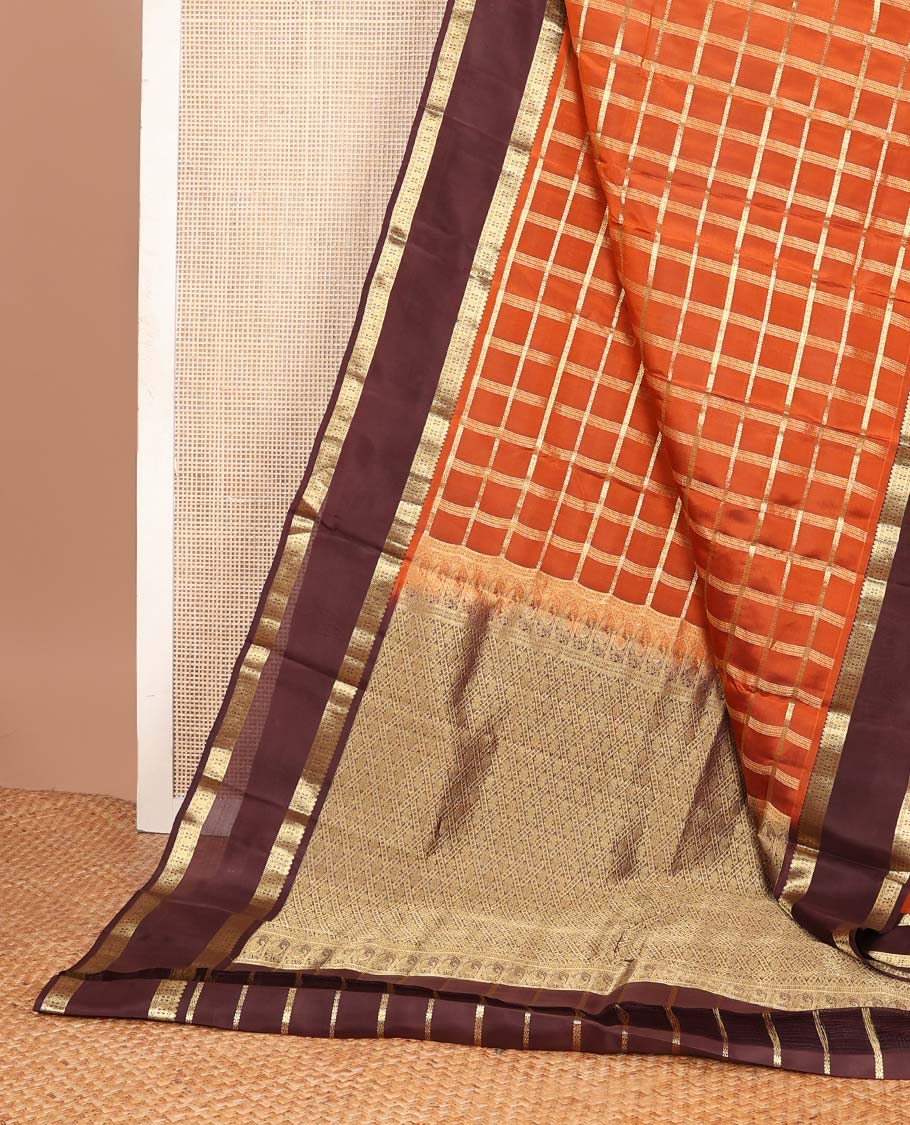 Orange zari checked Vasundhara silk mix saree, contrast rettai pettu traditional zari design border & jaal pallu