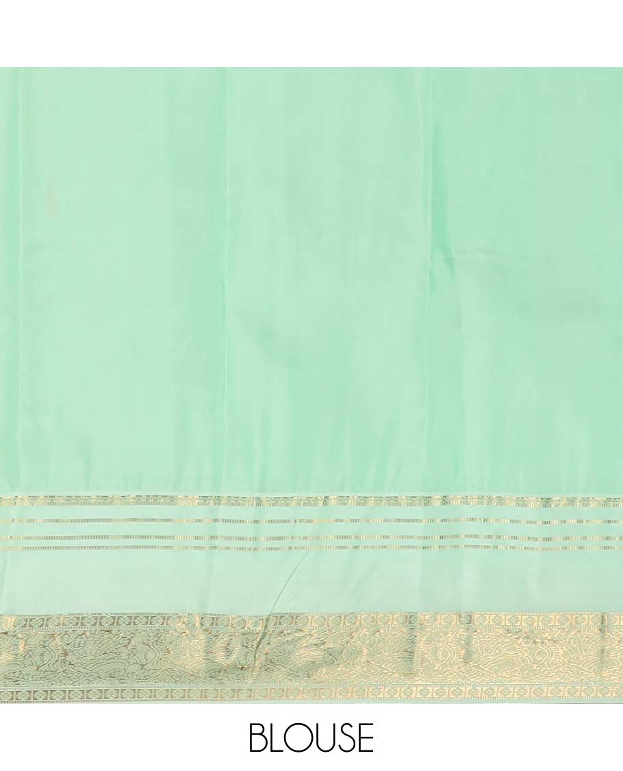 Orange zari buttas Vasundhara silk mix saree, contrast rettai pettu border of muthu, kamalam and annam designs, and intricate pallu