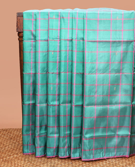 Borderless Green Banana Pith Saree, Subtly Enriched with Butta Enclosed Checks All Over Its Body, Complemented by a Contrast Pallu Depicting Stripes and Buttas, and Paired with a Contrast Blouse