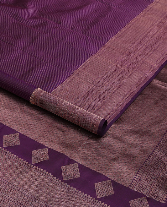 Purple zari striped silk saree, zari border of rekku, kathir, neli, lavangam, kamalam & vanki designs & jaal pallu