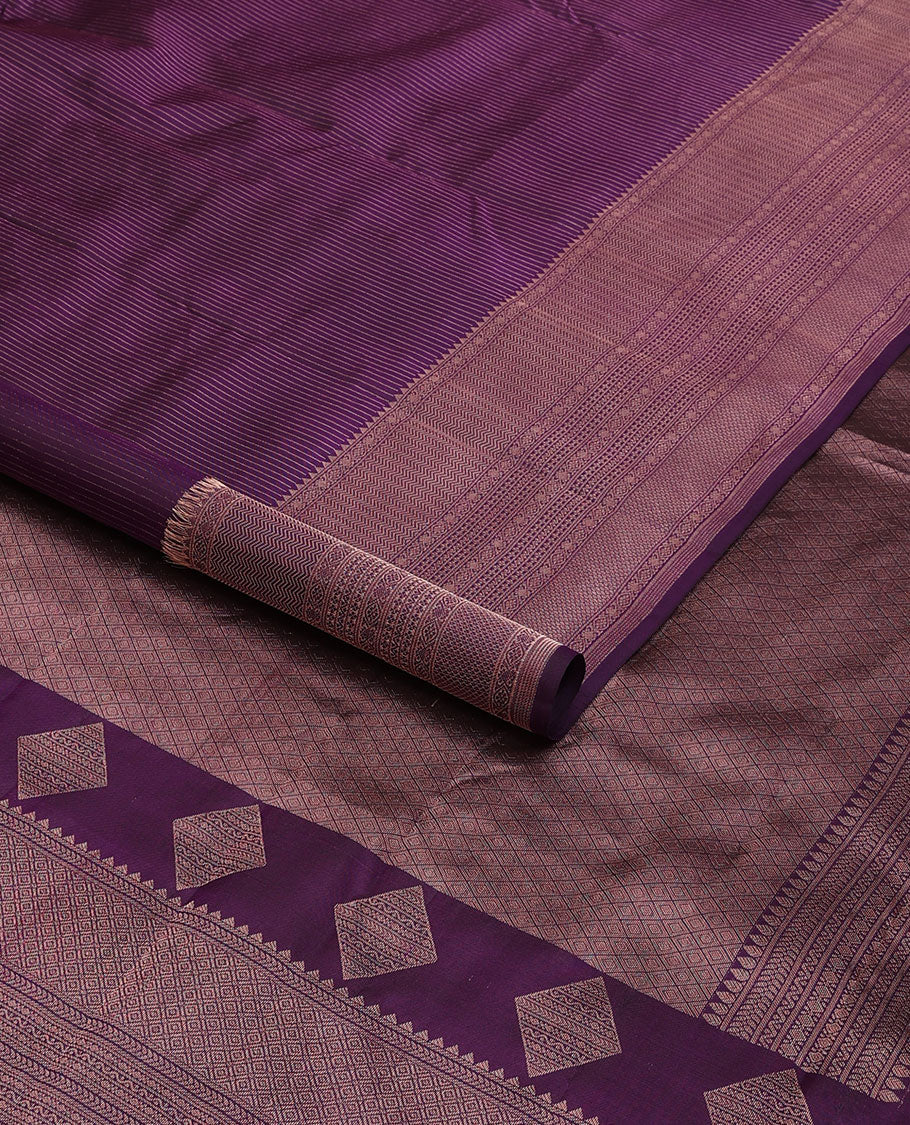 Purple zari striped silk saree, zari border of rekku, kathir, neli, lavangam, kamalam & vanki designs & jaal pallu