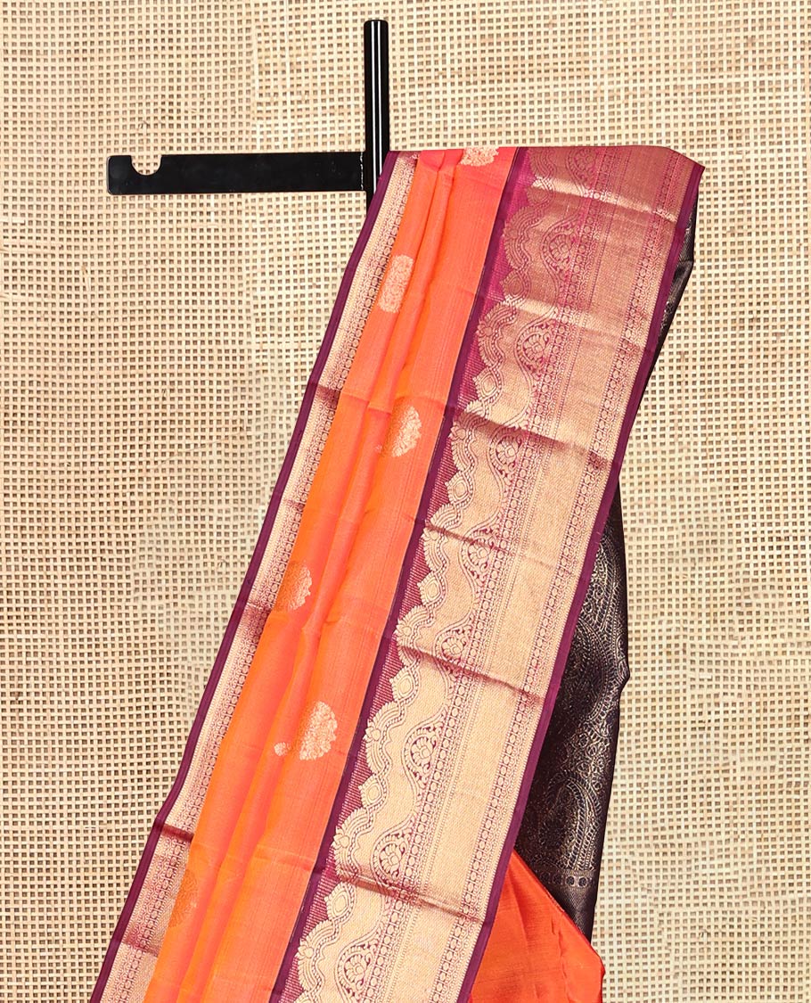 Orange Vasundhara Silk Saree Featuring Zari Buttas, Contrast Traditional Zari Border, Pallu Steeped with Paisleys, and Contrast Blouse