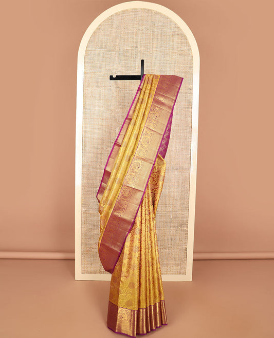Mustard floral jacqaurd kancheepuram silk saree with contrast border of rekku, muthu, kuyil kann design & zari design pallu