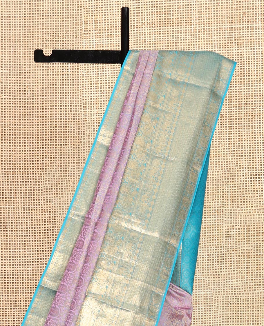 Lavender Kanchipuram Wedding Silk Saree, Embellished with Jacquard Design, Contrast Border of Thilakam, Rudraksham, Mayil, Yaanai, Chakram, and Mayil Kann, Grand Pallu, and Contrast Blouse