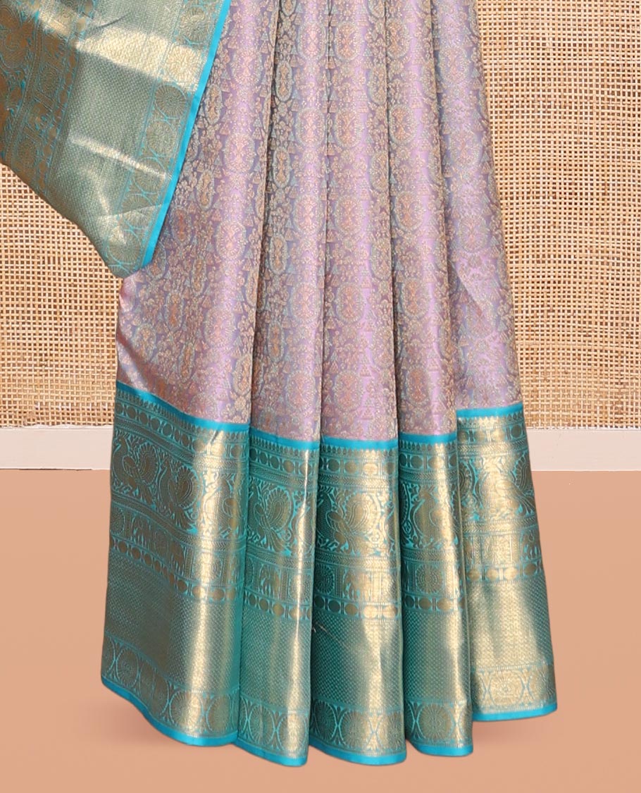 Lavender Kanchipuram Wedding Silk Saree, Embellished with Jacquard Design, Contrast Border of Thilakam, Rudraksham, Mayil, Yaanai, Chakram, and Mayil Kann, Grand Pallu, and Contrast Blouse