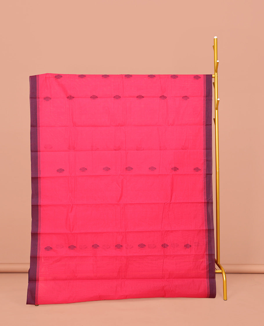 Pink Kanchi Cotton Saree, Sparsely Designed with Buttas on Its Body, Complemented by Contrast Border, a Pallu of Intricate Designs, and Paired with a Matching Blouse