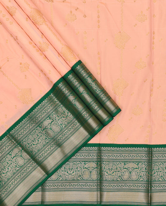 Orange art silk pavadai set, zari design with contrast traditional zari bordered skirt and a contrast zari design blouse