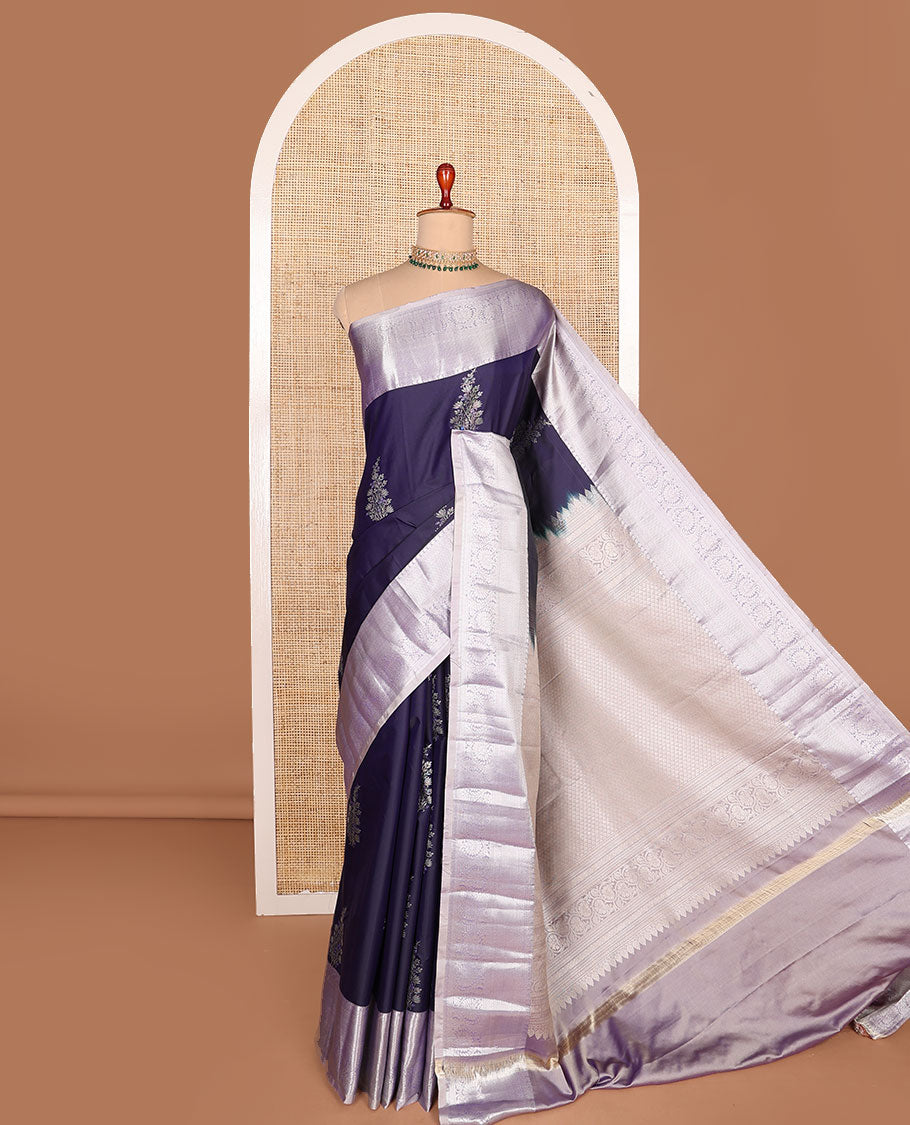 Blue zari buttas budget silk saree, contrast traditional zari border, and jaal pallu