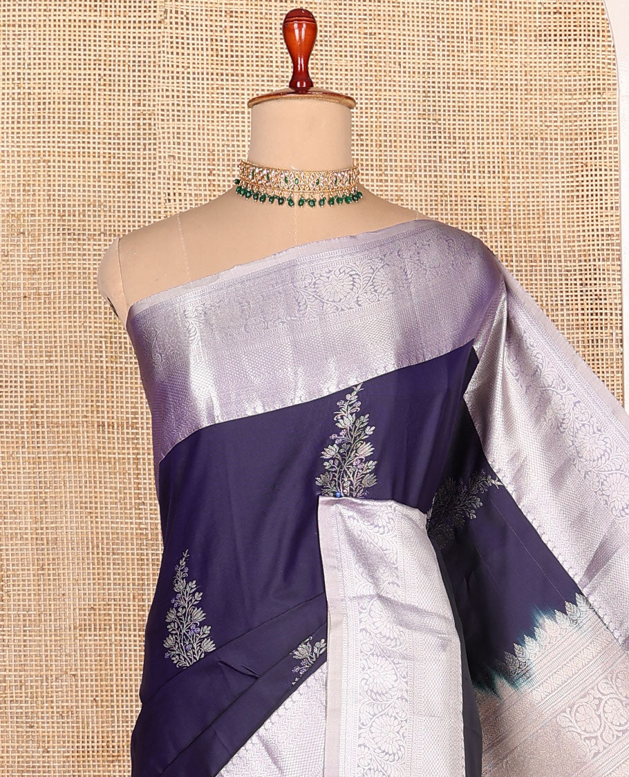 Blue zari buttas budget silk saree, contrast traditional zari border, and jaal pallu