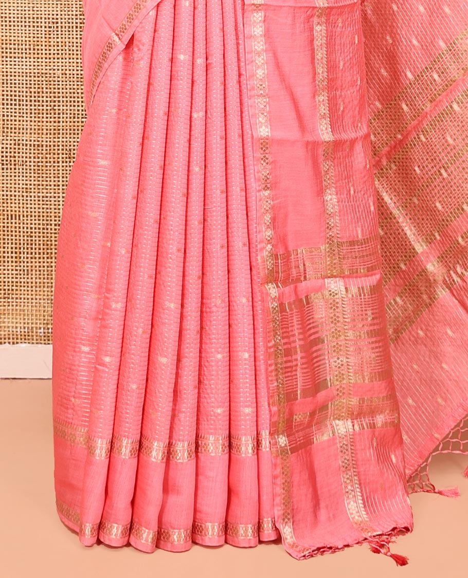 Pink Assam Silk Saree, Sparsely Woven with Buttas and Stripes, Highlighted by Traditional Zari Border, Zari-Striped Pallu, and a Contrast Blouse