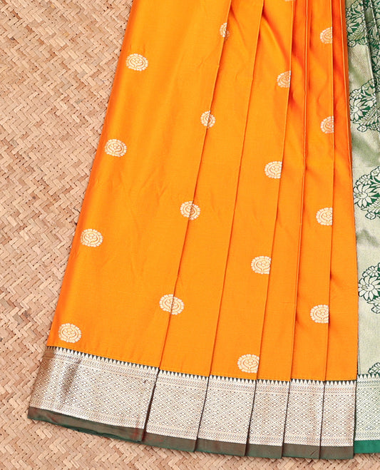 Orange Budget Silk Saree, Entralled with Zari Buttas All Over Its Body, Complemented by Contrast Traditional Zari Designs Woven Border, Grand Pallu and Paired with a Contrast Blouse
