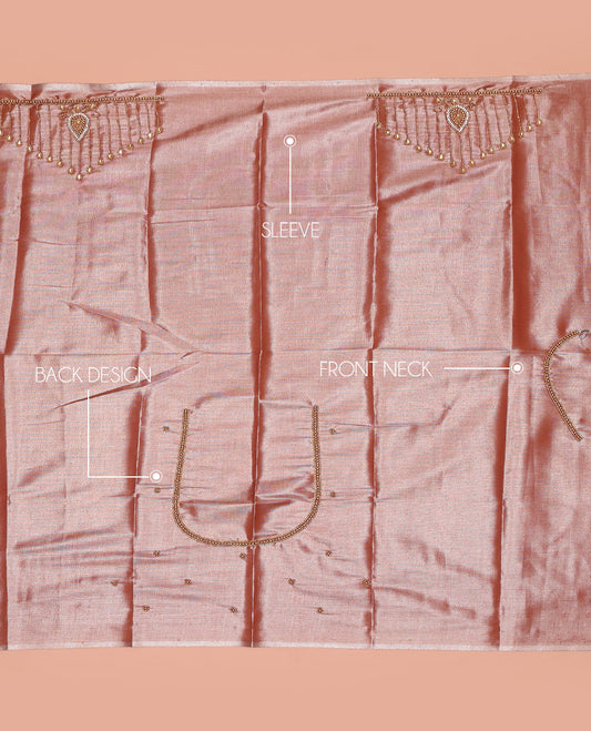Rose Copper Aari Blouse Material, Graced with Drop Pattern Sugar Bead Embroidery on Its Sleeves, and Subtle Sugar Bead Work on Its Back and Front Neck
