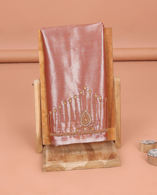 Rose Copper Aari Blouse Material, Graced with Drop Pattern Sugar Bead Embroidery on Its Sleeves, and Subtle Sugar Bead Work on Its Back and Front Neck