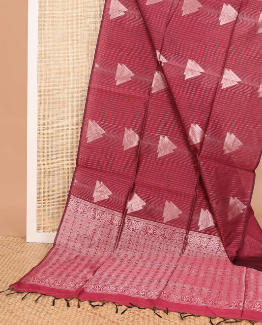 Borderless red stripes and triangle buttas woven semi-silk cotton saree, zari-rich geometric patterned pallu