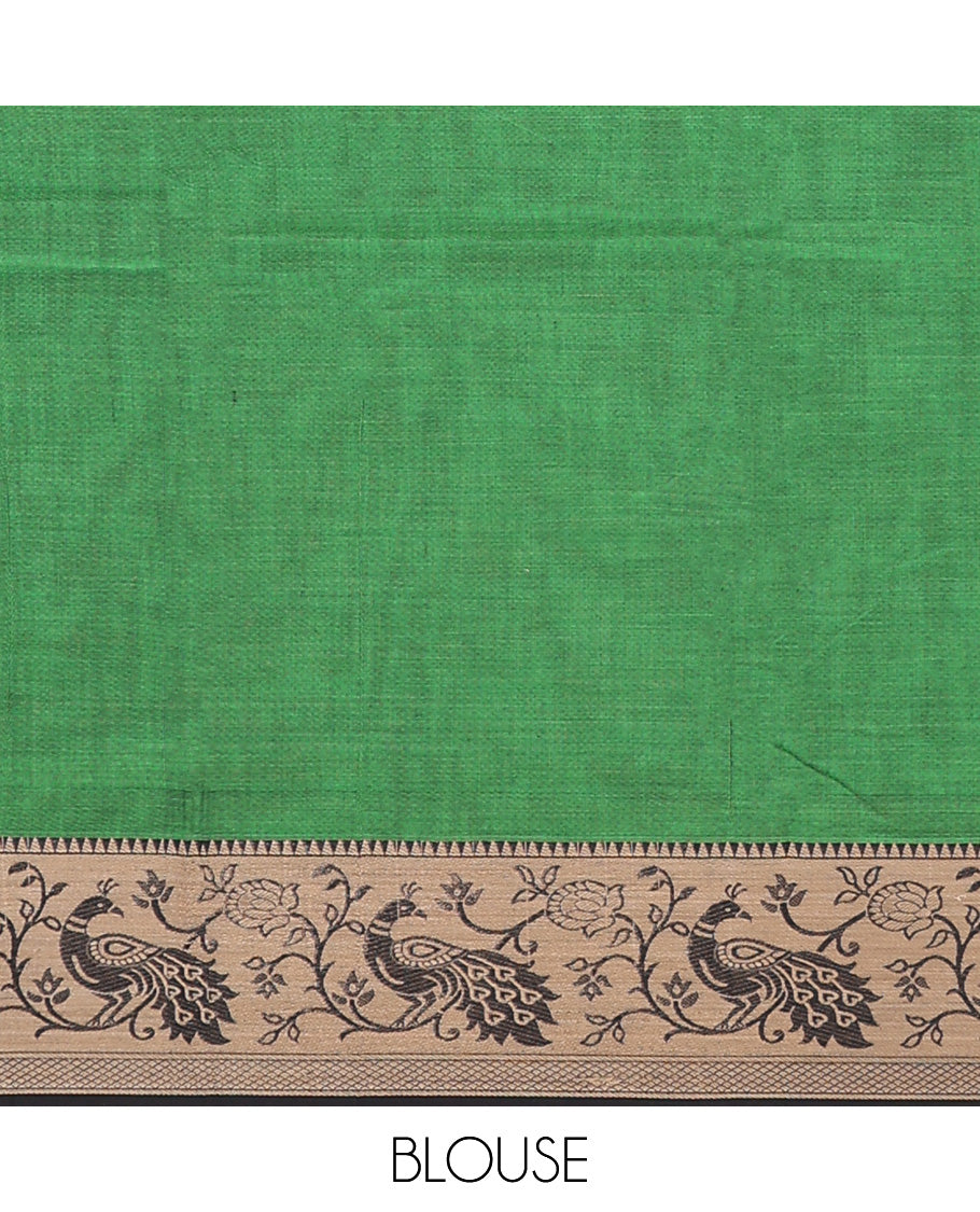 Green plain Narayanapet cotton saree, contrast temple border of peacock motifs, and striped pallu