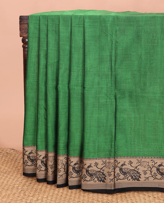 Green plain Narayanapet cotton saree, contrast temple border of peacock motifs, and striped pallu