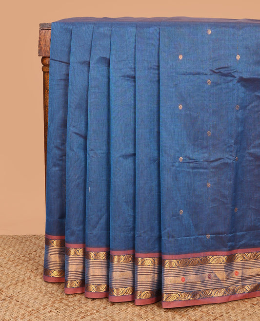 Blue buttas Venkatagiri cotton saree, contrast traditional zari border and zari striped pallu