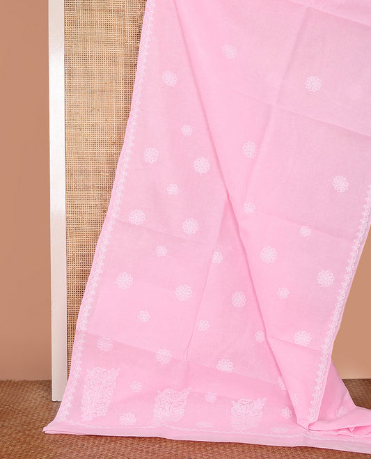 Pink Lucknowi Chikankari Cotton Saree, Impeccably Styled with Floral Motifs Embroidery on Its Body, Highlighted by a Subtle Border, Pallu of Floral Embroidery, and Comes Without a Blouse