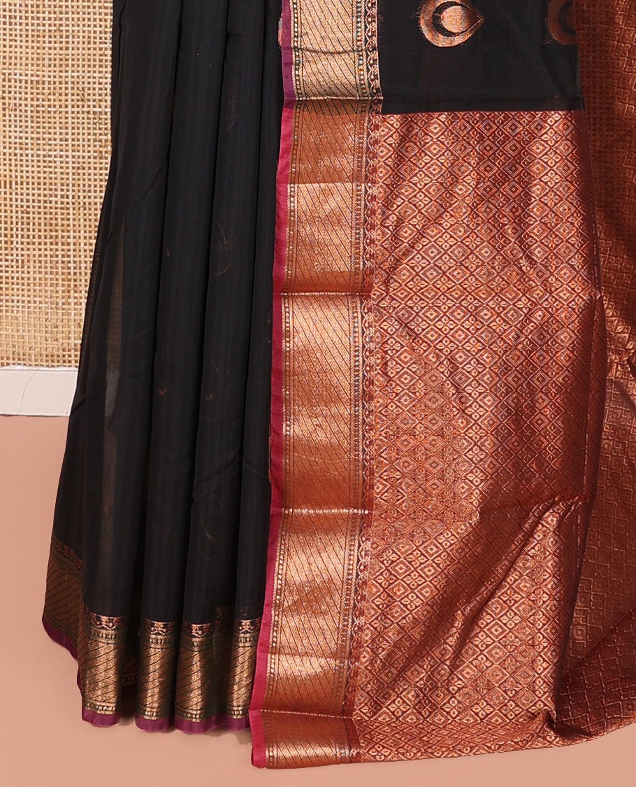 Black Semi-Silk Cotton Saree, Beautifully Bedecked with Zari Buttas on Its Body, Complemented by Contrast Traditional Zari Border, Zari-Rich Pallu of Jaal Designs, and Paired with a Contrast Blouse