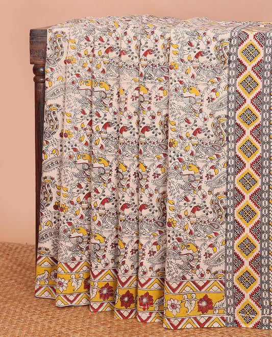 Light sandal floral vine & peacocks machine-printed kalamkari cotton saree, contrast floral-geometric printed border  & pallu