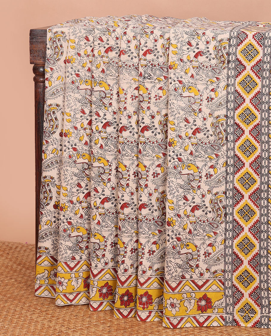 Light sandal floral vine & peacocks machine-printed kalamkari cotton saree, contrast floral-geometric printed border  & pallu