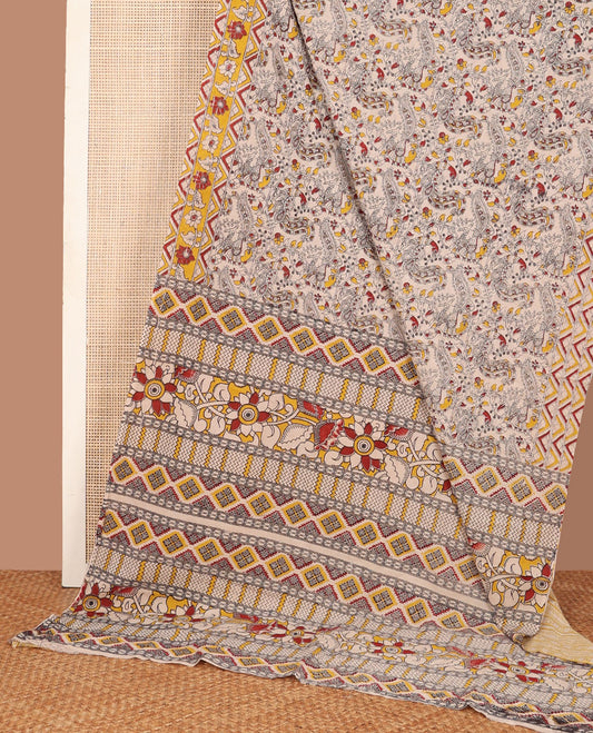 Light sandal floral vine & peacocks machine-printed kalamkari cotton saree, contrast floral-geometric printed border  & pallu