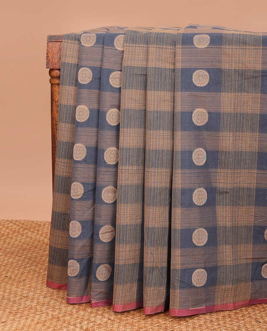 Borderless grey checked and chakram buttas Coimbatore cotton saree, pallu steeped with circular motifs