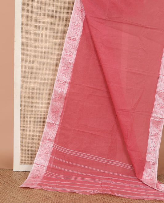 Pink Plain Bengal Cotton Saree, Complemented by a Contrast Temple Border of Human Figurine and Peacock Designs, and Pallu Steeped with Stripes