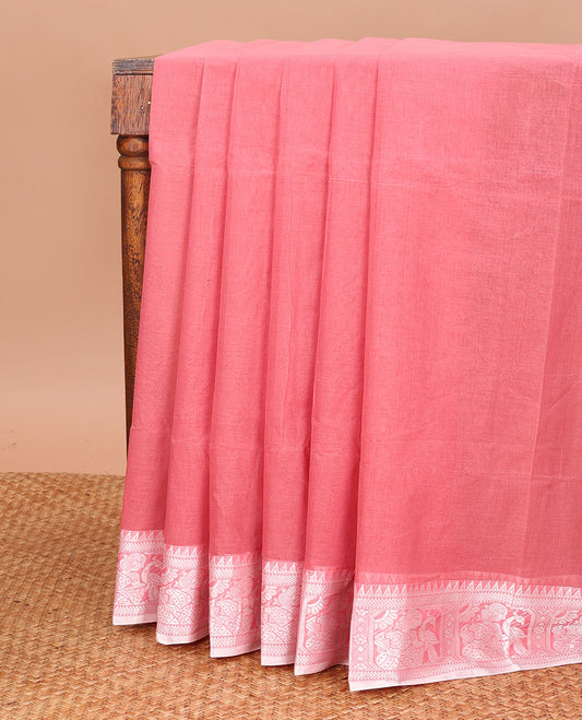 Pink Plain Bengal Cotton Saree, Complemented by a Contrast Temple Border of Human Figurine and Peacock Designs, and Pallu Steeped with Stripes