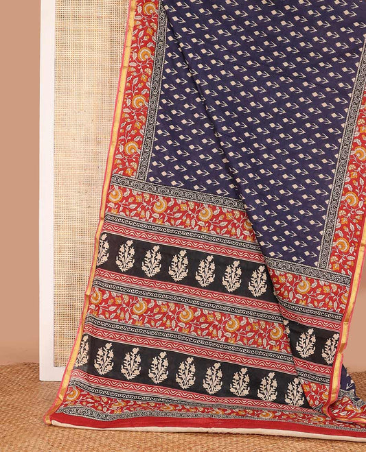 Navy blue floral motifs printed mul mul cotton saree, contrast floral vine printed border, and pallu of floral print