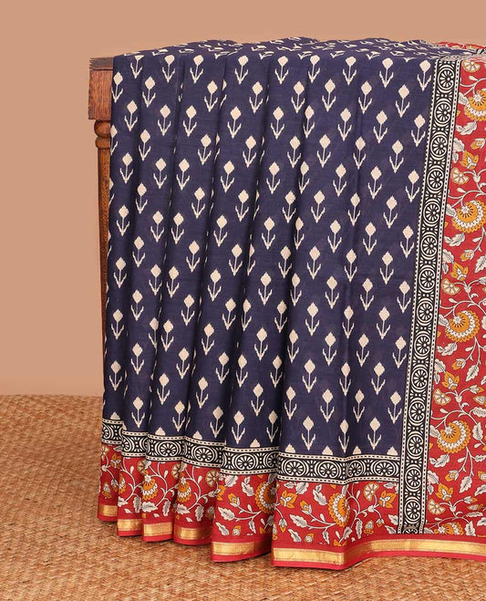 Navy blue floral motifs printed mul mul cotton saree, contrast floral vine printed border, and pallu of floral print