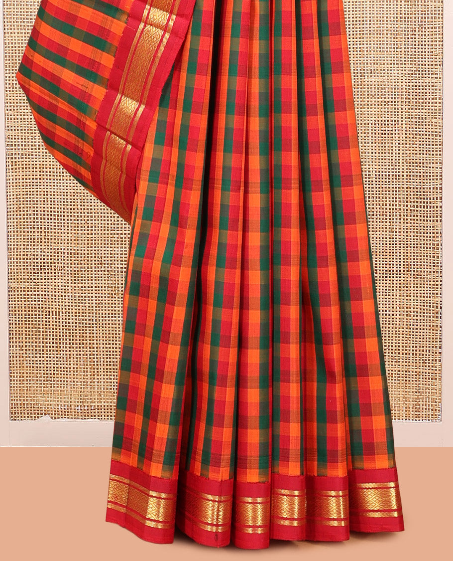 Multi-Color Palum Pazhamum Checked Kanchipuram Silk Saree, Complemented by a Contrast Korvai Border of Banaras, and Jaal Design, Zari Design Pallu, and No Blouse