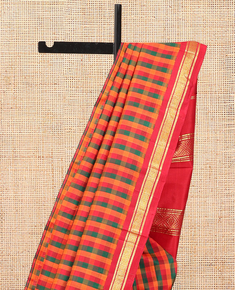 Multi-Color Palum Pazhamum Checked Kanchipuram Silk Saree, Complemented by a Contrast Korvai Border of Banaras, and Jaal Design, Zari Design Pallu, and No Blouse