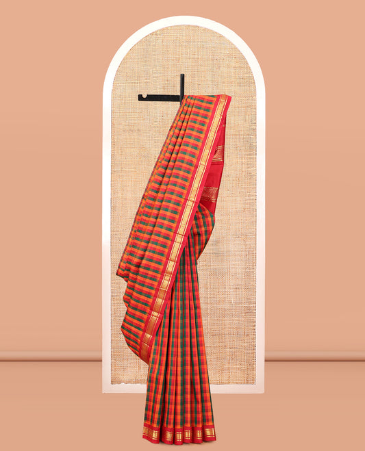 Multi-Color Palum Pazhamum Checked Kanchipuram Silk Saree, Complemented by a Contrast Korvai Border of Banaras, and Jaal Design, Zari Design Pallu, and No Blouse