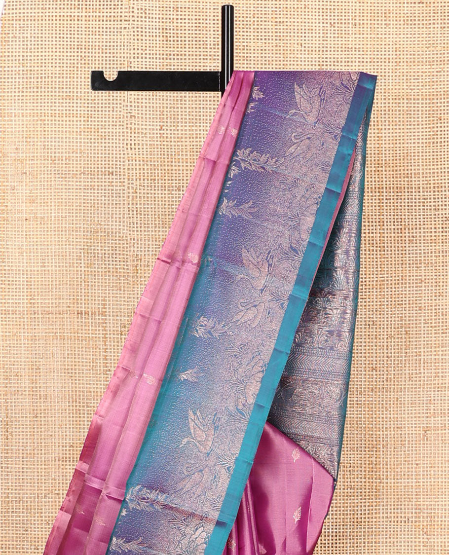 Pink zari buttas soft silk saree, contrast pond-theme zari woven border of floral and swan motifs, and intricate pallu