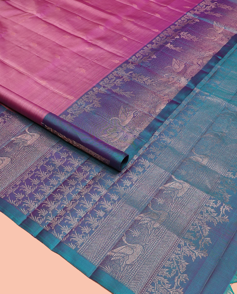 Pink zari buttas soft silk saree, contrast pond-theme zari woven border of floral and swan motifs, and intricate pallu