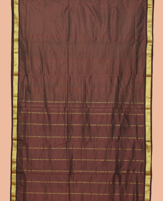 Brown Checked Nine-Yard Saree, a Zari Border, Striped Pallu, and No Blouse