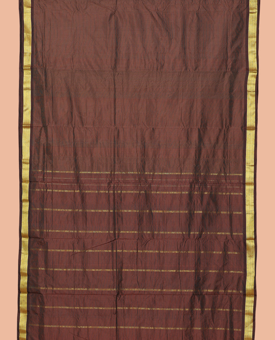 Brown Checked Ten Yard Saree, a Zari Border, Striped Pallu, and No Blouse