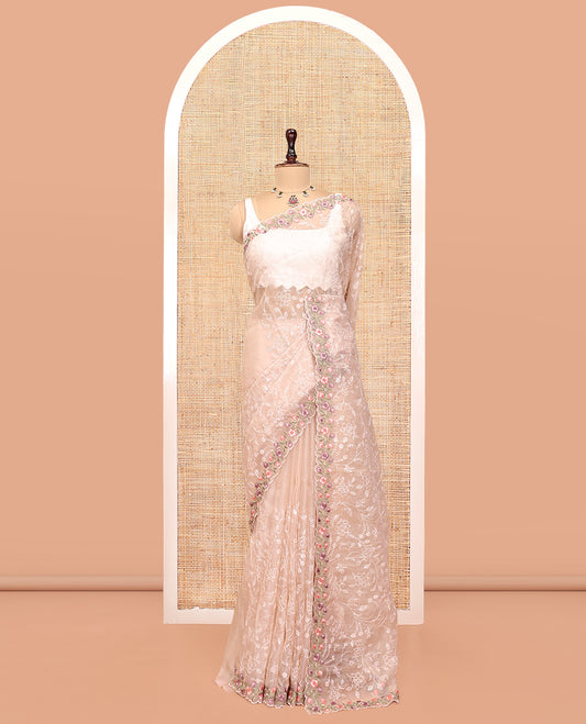 Beige Organza Saree, Steeped in the Richness of Floral Vine Embroidery, a Scallop Floral Embroidery Border, and a Matching Blouse
