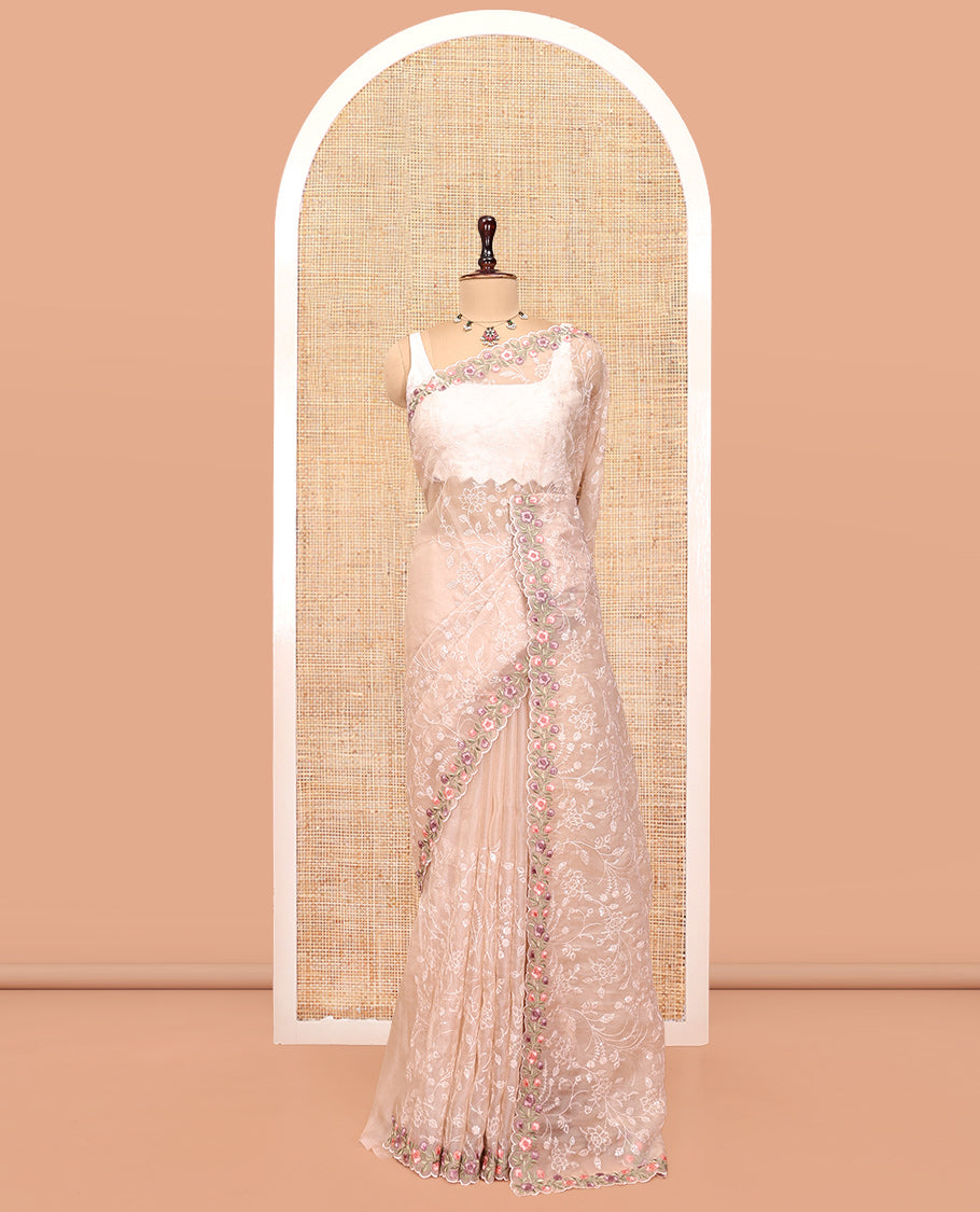 Beige Organza Saree, Steeped in the Richness of Floral Vine Embroidery, a Scallop Floral Embroidery Border, and a Matching Blouse